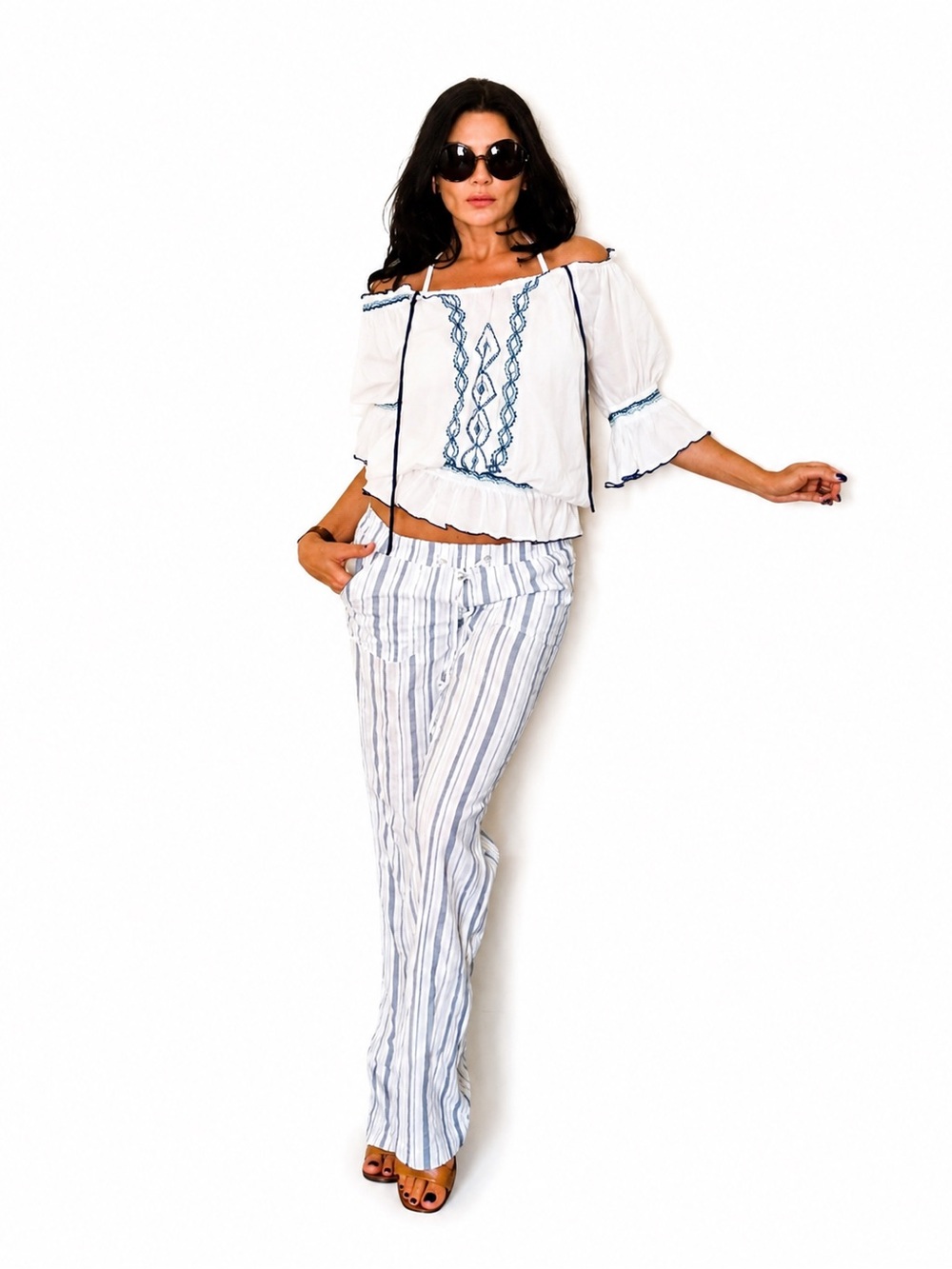 Poupette St. Barth White Embroidered Blue Green Seafoam Vacation Resort Wear M